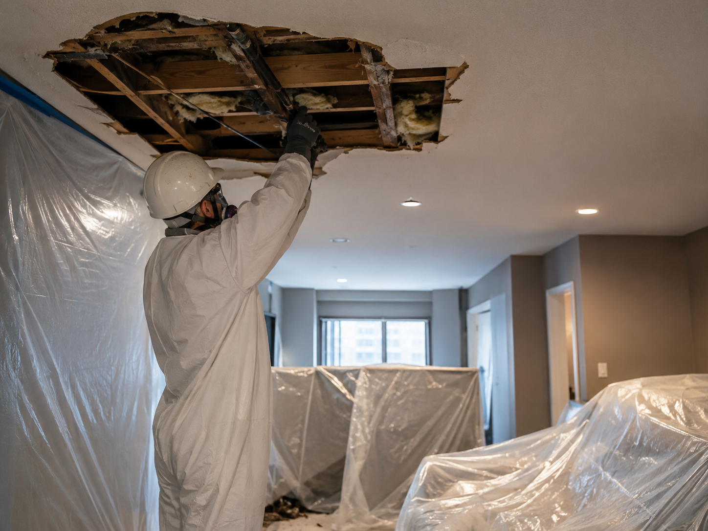 Traditional ceiling-access plumbing repair in an occupied home