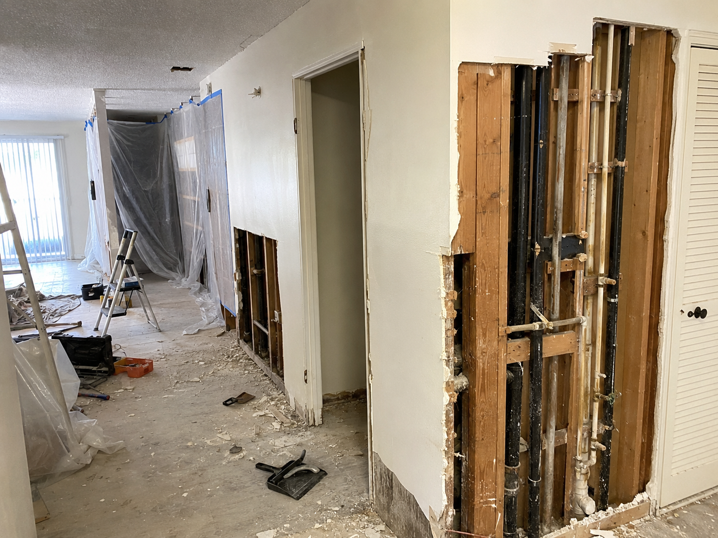 Contained plumbing work area with protective sheeting