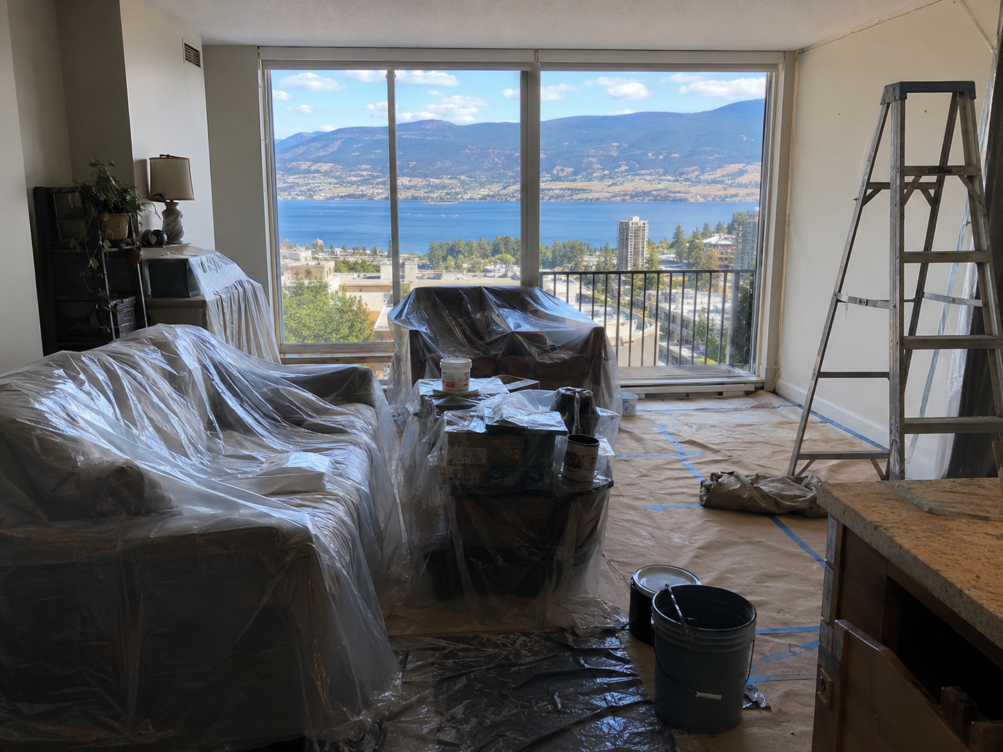 Occupied unit with furniture protected during Plumbing Track work